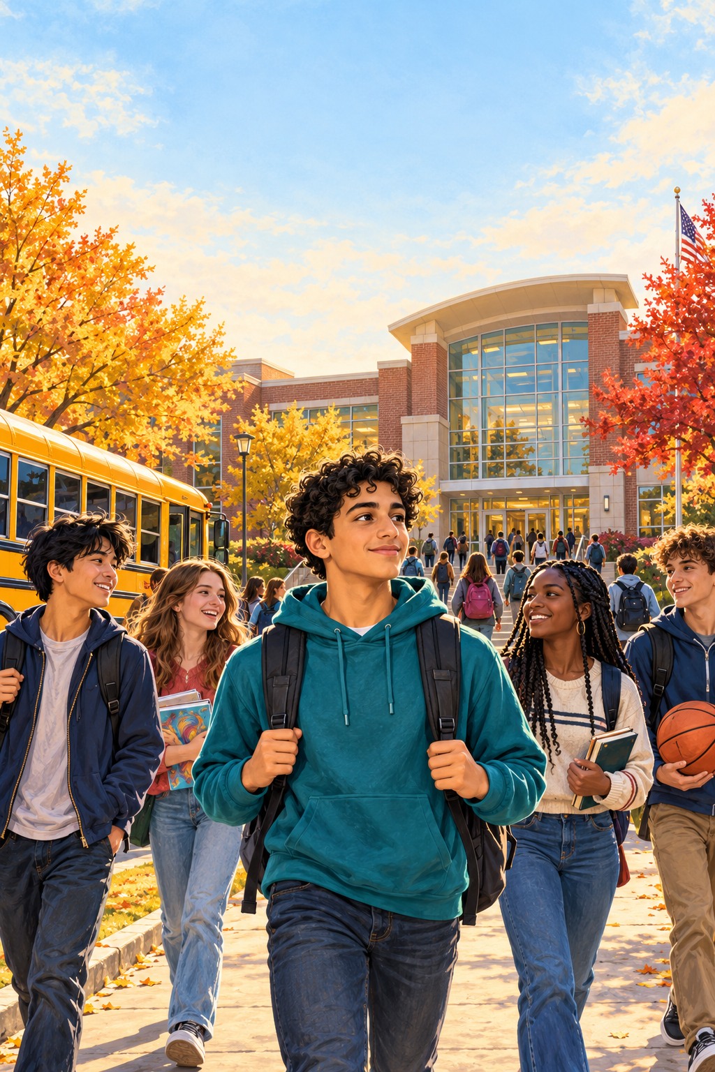 Teenage Ali and his classmates outside an American high school